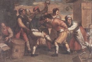 A Scene Outside A Tavern With Figures Brawling by Paolo Monaldi