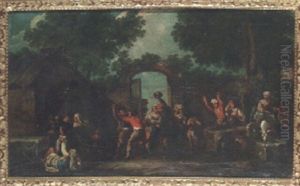 Peasants Fighting Outside An Inn With Onlookers Beside A Gateway by Paolo Monaldi