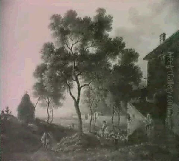 Figures Outside A Farmhouse And Travellers On A Path In A Landscape - view 1