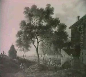 Figures Outside A Farmhouse And Travellers On A Path In A Landscape Figures Outside A Farmhouse And Travellers On A Path In A Landscape