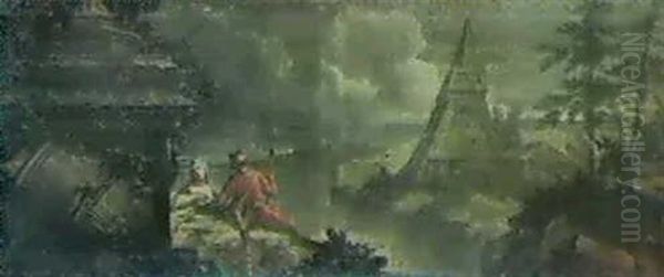 Capriccio Mountainous River Landscape With Classical Ruins - view 1