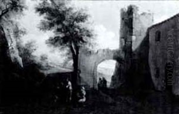 Peasant Family In A Italianatelandscape With Figures Walking Through An Arch - view 1
