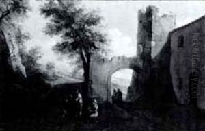 Peasant Family In A Italianatelandscape With Figures        Walking Through An Arch by Paolo Monaldi