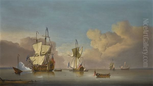 The Evening Gun: Men-o'-war And Barges In A Calm Sea - view 1