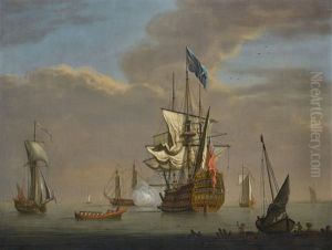 The First Rate 'britannia' Coming To An Anchor, Her Arrival Greeted By The Customary Salute And Her Commander Being Rowed Ashore In His Barge by Peter Monamy