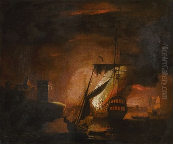 A Ship On Fire At Night - view 1