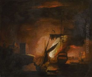 A Ship On Fire At Night by Peter Monamy