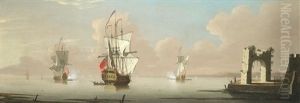 A Capriccio Of British Men O'war Firing Salutes With Other Vessels In Calm Waters Off A Harbour by Peter Monamy
