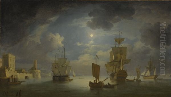 Moonlit Scene With An Indiaman And Other Merchant Shipping Off A Fortified Town - view 1