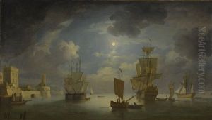 Moonlit Scene With An Indiaman And Other Merchant Shipping Off A Fortified Town