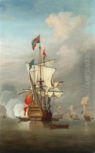 The Flagship Royal Sovereign Becalmed In An Anchorage With Other Ships Of The Fleet Nearby - view 1