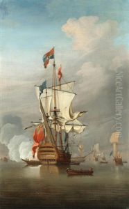 The Flagship Royal Sovereign Becalmed In An Anchorage With Other Ships Of The Fleet Nearby
