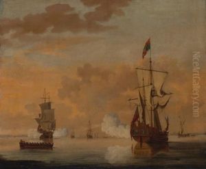 Two British Men-o-war Firing Salutes In Calm Water Off A Coast by Peter Monamy