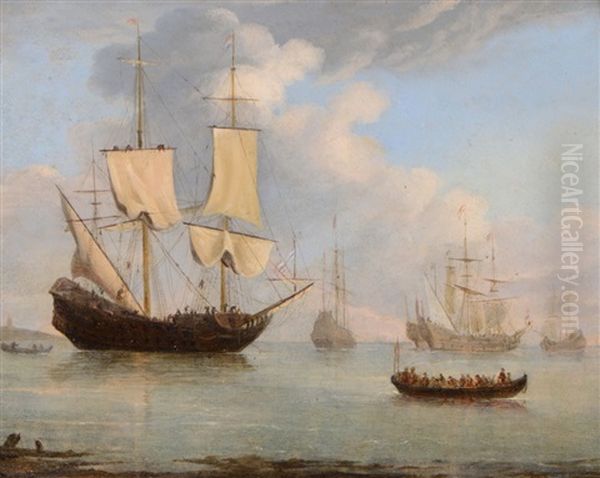 A Dutch Man O'war With Sailors Adjusting The Sails And Other Sailing Vessels At Sea - view 1