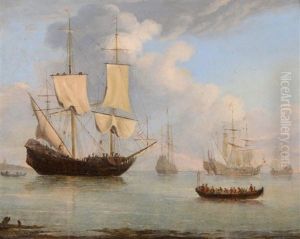 A Dutch Man O'war With Sailors Adjusting The Sails And Other Sailing Vessels At Sea by Peter Monamy