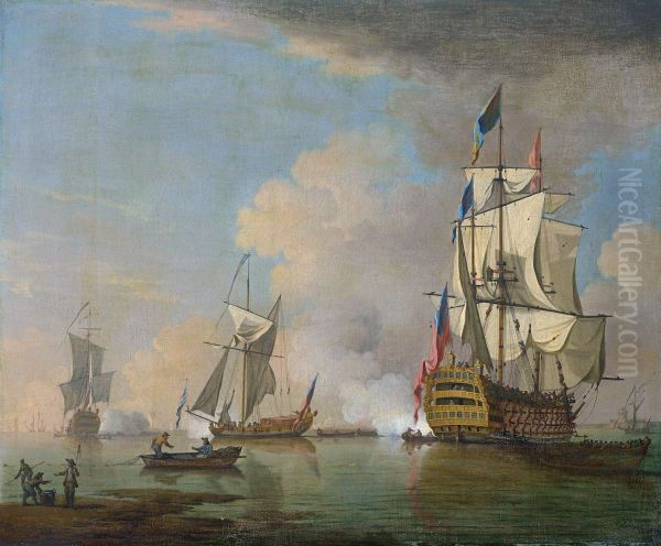 A British Man O' War Firing A Salute In Calm Seas With Other Vessels - view 1