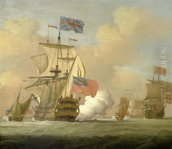 A British Man O' War Firing A Salute - view 1