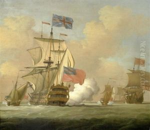 A British Man O' War Firing A Salute by Peter Monamy