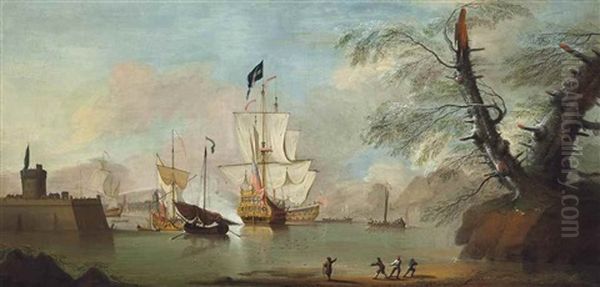 English Men-o'war Lying In A Fortified Continental Harbour, With The Flagship Firing A Salute - view 1