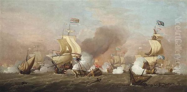 The Battle Of Texel, 11th August 1673: Two Large First Rates, English And Dutch, Engaged In A Fierce Broadside Duel, With H.r.h. Prince Rupert's Flagship Royal Sovereign In Action Astern Of Them - view 1