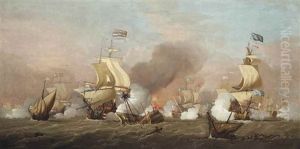 The Battle Of Texel, 11th August 1673: Two Large First Rates, English And Dutch, Engaged In A Fierce Broadside Duel, With H.r.h. Prince Rupert's Flagship Royal Sovereign In Action Astern Of Them by Peter Monamy
