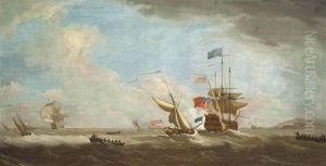 Ships Of The Fleet In A Stiff Breeze Off The Coast, The Flagship Of The Red Squadron Heaving-to Ahead Of An Approaching Admiralty Yacht by Peter Monamy