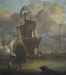 Man O' War Firing A Salute by Peter Monamy