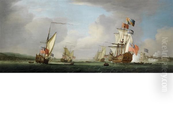 The Royal Yacht Peregrine And Her Escorts Off Gillingham, Kent, Acknowledging A Salute As She Passes Upnor Castle - view 1