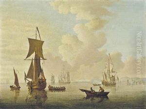 Warships Drifting Into Their Anchorage In A Calm With An Admiralty Yacht Firing A Salute To Announce Their Arrival