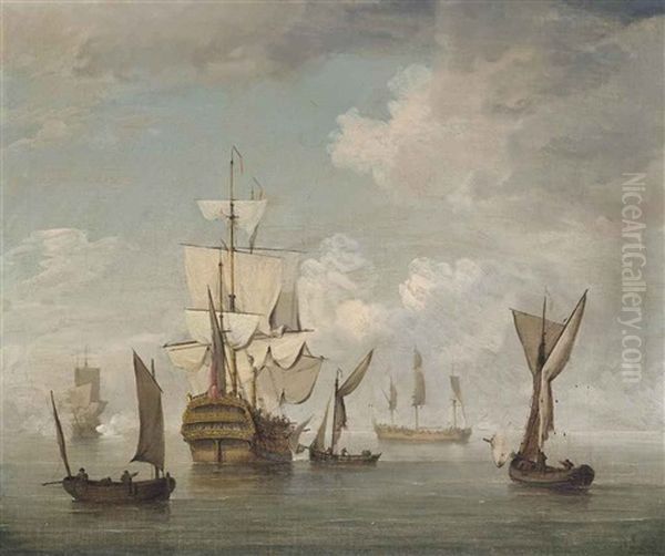 An English Two-decker Preparing To Get Underway From Her Anchorage Surrounded By Other Warships In A Calm - view 1