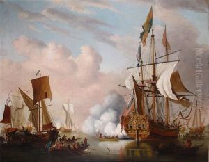 A Royal Yacht (possibly The Carolina) Firing A Salute And Other Boats In A Busy Shipping Scene by Peter Monamy