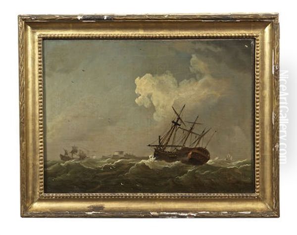 Third Raters From The Red Fleet Outside A Port Entrance And Third Raters With Bare Poles Outside A Coastal Battery, Possibly Calshot Castle, Near Spithead - view 1