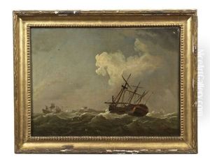 Third Raters From The Red Fleet Outside A Port Entrance And Third Raters With Bare Poles Outside A Coastal Battery, Possibly Calshot Castle, Near Spithead by Peter Monamy