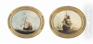 A Dutch Man-of-war And Other Shipping In A Calm At Anchor And A Dutch Man-of-war In Choppy Waters With Other Shipping Beyond (pair) by Peter Monamy