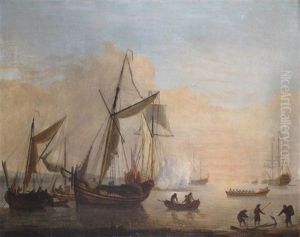 Warships And Fishing Boats Moored Off The Coast With A Ship Firing A Salute For An Approaching Launch