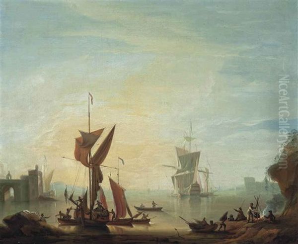 A British Warship Lying Off A Fortified Mediterranean Port - view 1