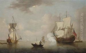 The Flagship Firing A Salute As She Leaves The Anchorage, With A Royal Yacht Making Ready To Depart