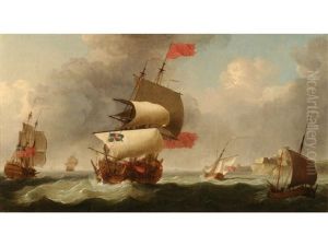 British Ships Under Sail In Choppy Seas Beside A Coastline by Peter Monamy