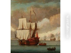 A Yacht Anchoring In Calm Waters, Possibly The Royal Yacht Caroline by Peter Monamy