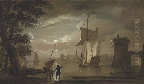 A Moonlit Coastal Scene, With An Admiralty Yacht In The Foreground - view 1