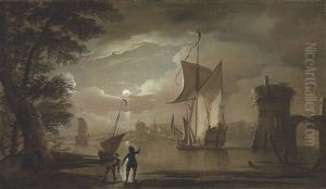 A Moonlit Coastal Scene, With An Admiralty Yacht In The Foreground by Peter Monamy