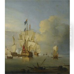 British Men Of War At Anchor With The "royal George" Firing A Salute by Peter Monamy