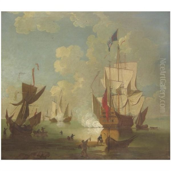 The Evening Gun, A British Man-of-war And Other Shipping In A Calm - view 1