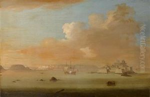 Castle Cornet, Off St. Peter Port, At High Tide, With The Towering Cliffs Of The Island Of Herm Beyond by Peter Monamy