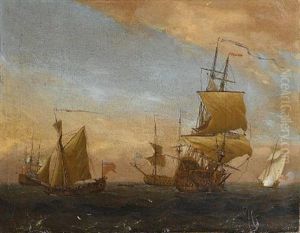 A Squadron Of The Red Gathered Together With Two Admiralty Yachts Nearby, One Firing A Salute As She Approaches The Flagship