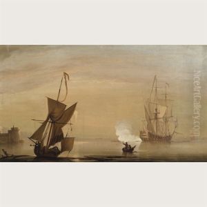 A British Man Of War Signalling Its Departure (+ An East Indiaman Signalling Its Arrival; Pair)