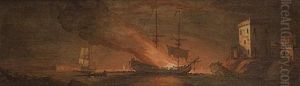 A Man-o'war Ablaze Off A Fortified Shore (+ Two English Men-o'war And A Hoy Caught In A Mountainous Swell; Pair) A Man-o'war Ablaze Off A Fortified Shore (+ Two English Men-o'war And A Hoy Caught In A Mountainous Swell; Pair)