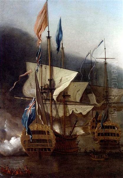 Warships Offshore Beginning A Bombardment, With Marines Preparing To Go Ashore - view 1