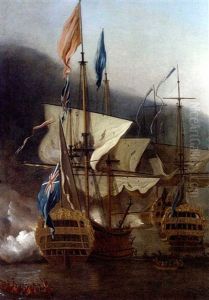Warships Offshore Beginning A Bombardment, With Marines Preparing To Go Ashore by Peter Monamy