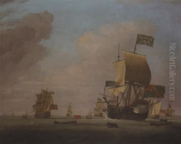 The "albemarl" 80/90 Guns-flagship Of Admiral Of The Fleet Sir John Leake, Kt. The English Fleet Coming To Anchor In The Bay Of Barcelona, 15th May 1708... - view 1
